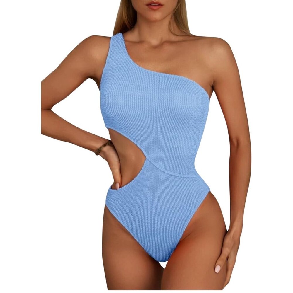 One Shoulder Light Blue Ribbed Cutout One-Piece Swimsuit Womens Swimwear Size M